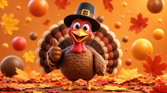 A cheerful cartoon turkey wearing a pilgrim hat gives a thumbs up amid floating autumn leaves and colorful spheres, symbolizing a festive Thanksgiving theme.
