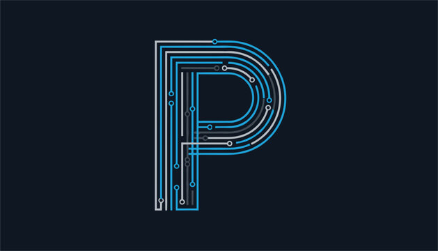 Letter P created with blue and gray digital circuit board lines represents modern technology, hardware, and data flow.