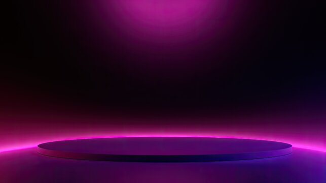 A sleek, circular platform glows with vibrant pink and purple neon light
