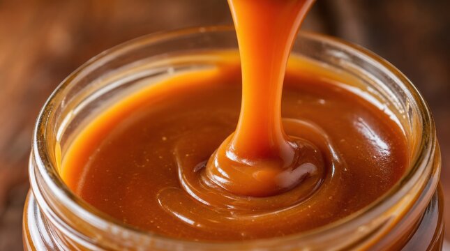 Thick caramel sauce is being poured into a glass jar, showcasing its smooth, rich, and glossy texture.