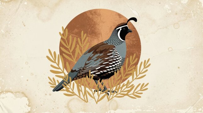 Stylized illustration of a California quail standing amidst branches. Artistic bird design featuring a circular sunset background on aged paper. Vintage nature theme for rustic decor and branding.