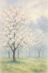 Fototapeta premium Tranquil spring landscape featuring blooming fruit trees in pastel watercolor tones
