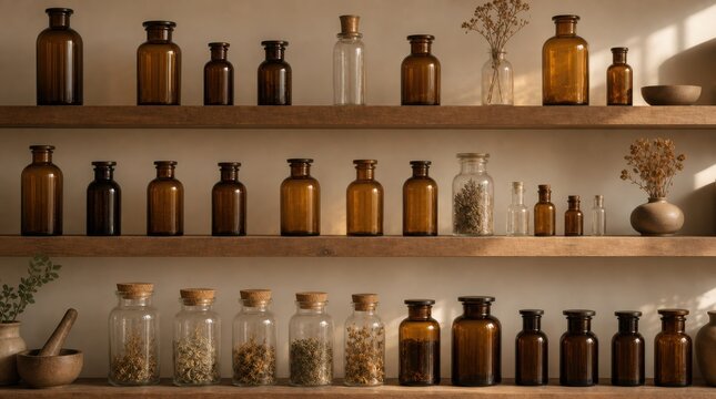 Shelves with an array of amber and clear glass jars, some filled with dried herbs, set against a softly lit wall with minimalistic decor.