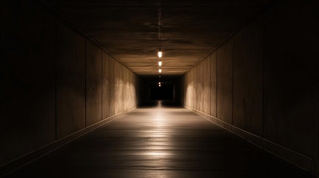 passageway. A long dark tunnel with rough concrete walls and a distant point of light. travel magazines, destination branding, designed for outdoor magazines and nature guides.