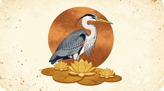 Great blue heron standing in a lotus pond with a large sun. Japanese ukiyo-e style illustration with vintage textures and lily pads. Asian nature art concept, ideal for zen decor and cultural design.