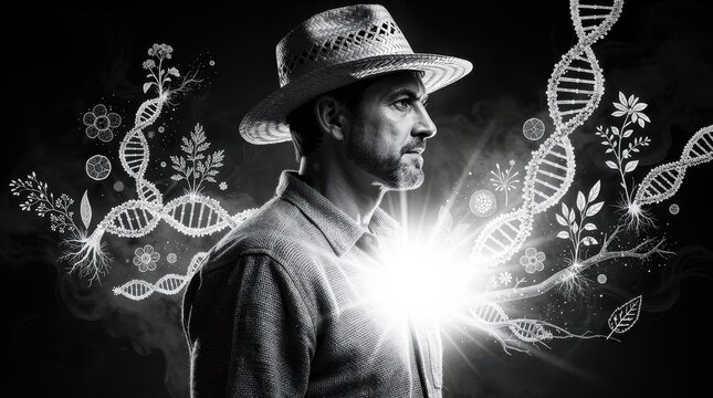Farmer profile surrounded by DNA strands and botanical sketches. Agricultural scientist contemplating genetic modification in a stylized setting. Biotechnology concept for agritech research.