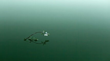 Naklejka premium Delicate branch with small leaves floats on still, emerald water, casting a reflection