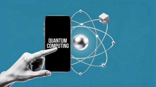 Hand pointing at smartphone displaying quantum computing text. Atomic structure and geometric shapes floating on blue background. Advanced technology concept for mobile software and research.