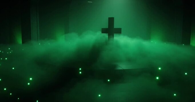 Mystical Christian cross standing in dense green fog and glowing particle lights in dark temple room

