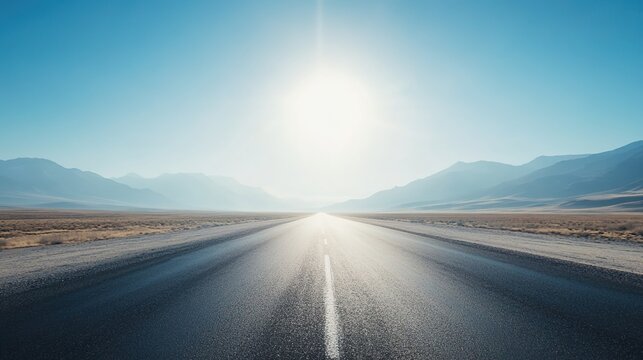 cynic. A long desert highway under a harsh sun with heat haze on the horizon. travel magazines, destination branding, designed for outdoor magazines and nature guides, used by social media managers.