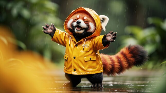Red panda wearing a yellow raincoat stands joyfully in the rain with open arms. The animal enjoys a rainy day in a lush green forest. Whimsical animal concept, ideal for positive branding.