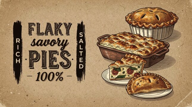 Illustrated assortment of savory pies and quiche on textured paper. Hand-drawn vintage style including pot pie and empanada. Retro food poster concept for bakery branding and menu design.