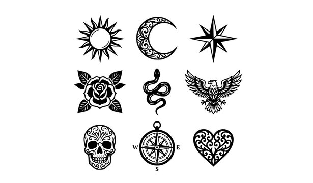 Tattoo Design Symbol Collection Featuring Tribal Sun Moon Rose Snake Eagle Compass Geometric Vector Illustration Set