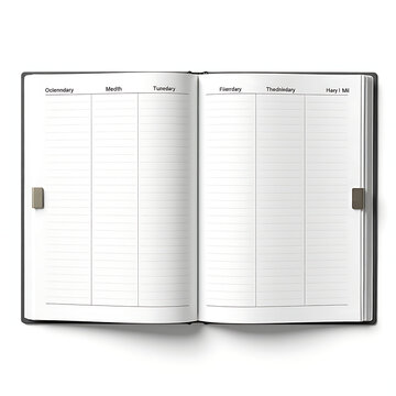 Open blank planner book with ruled lines and columns for daily entries, on white background.