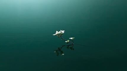 Naklejka premium Delicate white flower floats on tranquil, deep teal water, casting a reflection