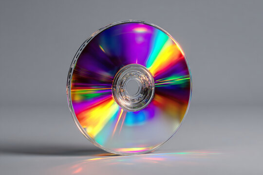 Blank CD or DVD disc with rainbow holographic reflection standing upright, shiny optical media on gray background