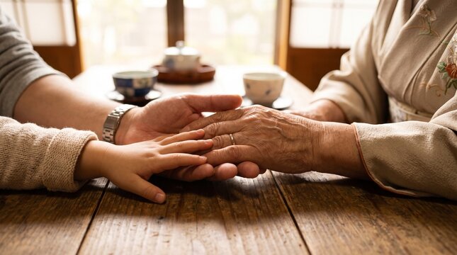 敬老の日に絆と感謝を表す三世代家族の重なり合う手元