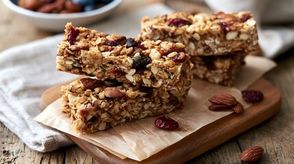 Fototapeta premium Homemade granola bars stacked on wooden board with almonds and dried cranberries scattered around