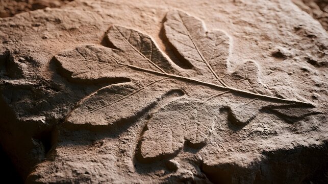 A detailed leaf imprint pressed into textured earth toned clay surface under warm directional lighting