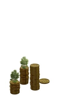 Vertical 4K green trees growing on gold coin stacks on solid white background, loop animation of sustainable financial growth, ESG green investment, savings, and wealth creation