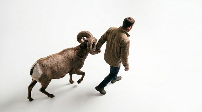 Man leading bighorn sheep by horn against white background. Farmer guiding mountain ram. Connection between human and wild animal. Symbolic representation of control and animal nature.