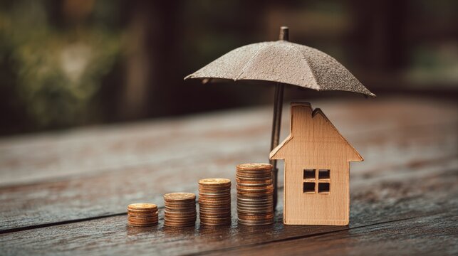 Model of umbrella with house and coins on wooden table concept of the system of insurance savings and the cost of health insurance