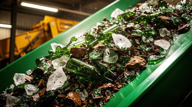 Green glass bottles and crushed cullet sliding down a recycling conveyor. Waste material processing at an industrial facility. Sustainability concept for environmental conservation marketing.