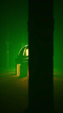 Glowing Golden Mosque Shrine Revealed Behind Pillars in Green Fog