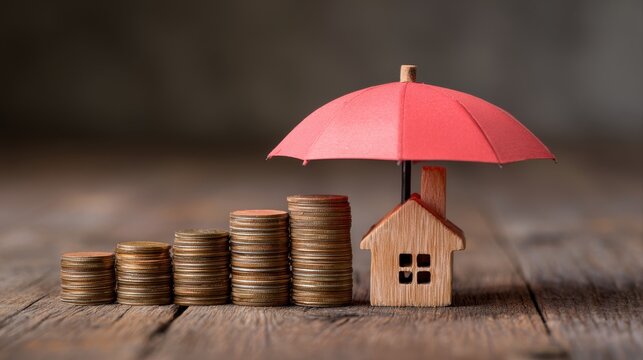Model of umbrella with house and coins on wooden table concept of the system of insurance savings and the cost of health insurance
