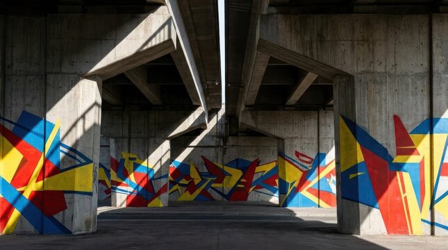 Geometric colorful graffiti on concrete bridge pillars.