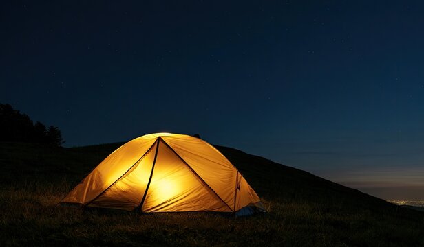 Illuminated dome tent rests on a grassy hill under a starry night sky