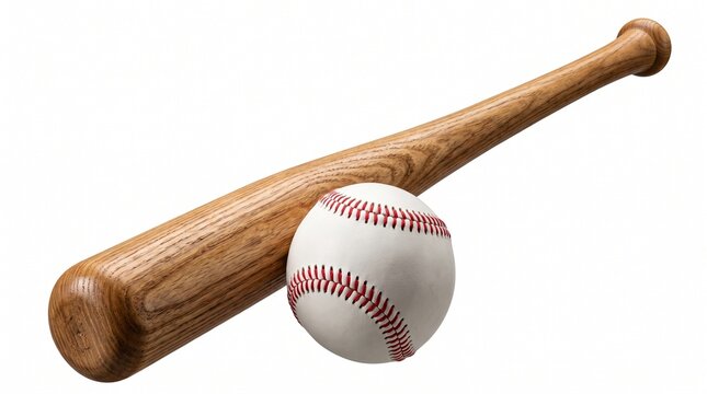 Wooden baseball bat and leather ball with red stitching, professional sports equipment, classic ash wood grain texture isolated PNG with Transparent Background