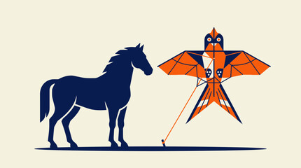 Obraz premium Stylized dark blue horse standing next to a colorful orange bird-shaped kite with a string attached