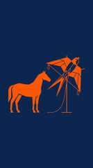 Obraz premium Orange horse and bird kite silhouette on a dark blue background, graphic design, vector illustration