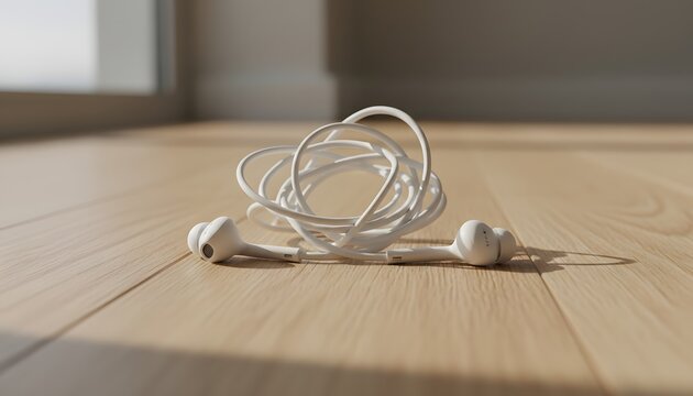 White wired earbuds tangled on a clean wooden floor illuminated by warm sunlight, representing modern technology disorder, listening mess and confusion concept