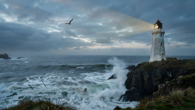 A white lighthouse on a dark rocky cliff edge with a bright light beam shining over a stormy sea with crashing waves and a bird in the sky