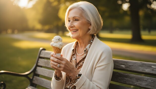 Happy senior elder woman sitting on a wooden park bench with an ice cream cone during warm golden hour for active senior living and retirement concept