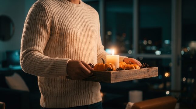Unidentifiable man in cream cable knit sweater holding wooden tray with pumpkins and candle for cozy autumn home lifestyle and seasonal decoration