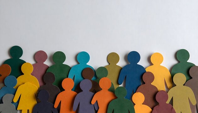 Figuras humanas de colores formando un grupo diverso sobre fondo blanco con amplio espacio para texto