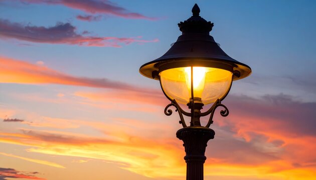 Farola urbana encendida al atardecer con cielo en tonos naranjas, rosas y azules