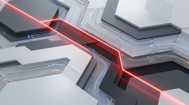 Abstract white 3D geometric shapes with red light beam.
