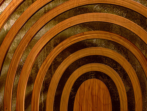 Abstract Concentric Wooden Arch Rings Pattern with Warm Amber Tones Background