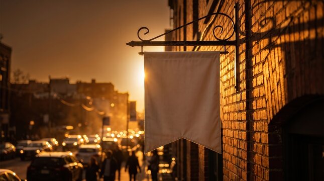 Blank White Hanging Flag Sign Mockup on Brick Wall with Sunset City Street Background for Boutique Branding or Shop Logo Display