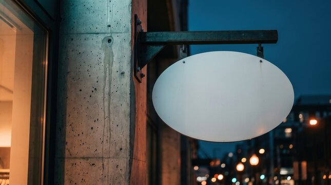Blank Oval Outdoor Sign Mockup hanging on Industrial Concrete Wall at Night with Blurred City Street Lights for Logo Display and Brand Identity Showcase