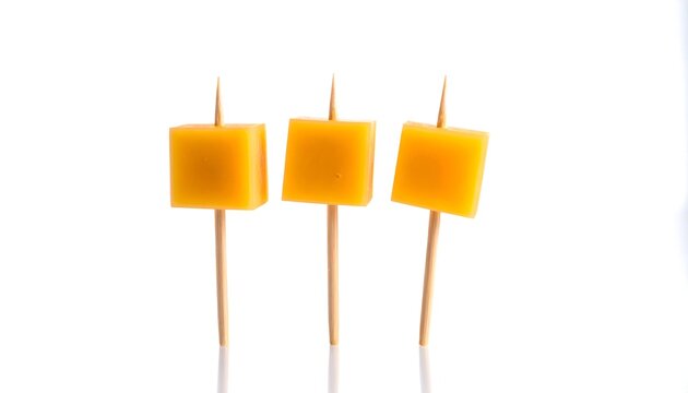 Tres cubos de queso ensartados en palillos de madera sobre fondo blanco