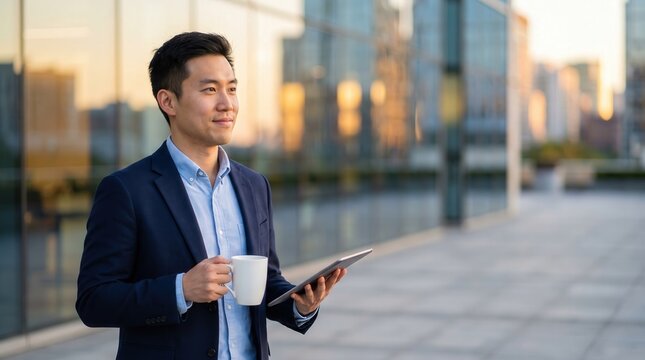 Asian Businessman with Tablet and Coffee Standing Outside Glass Office Building at Sunset for Corporate Leadership and Tech Marketing