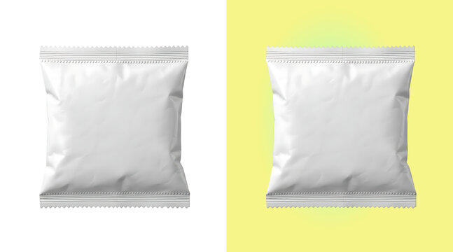 Blank white square snack food pouch mockup with crimped edges, isolated on a white background, for branding and, product label display isolated on a transparent background