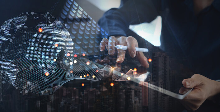 Digital technology, internet network connection using smart computer devices for telecommunication, global networking and space mobile internet