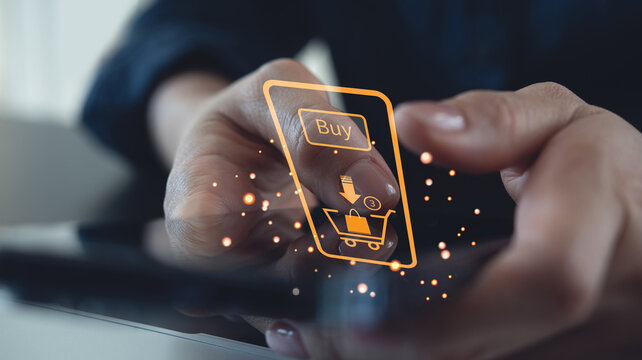 Woman using smartphone shopping online via mobile app with shopping cart icon on screen mobile phone. purchase payment on internet. online supermarket gadget, e-commerce concept