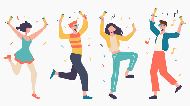 Four People Dancing Joyfully Amidst Falling Confetti and Champagne Glasses